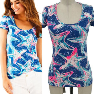 Lilly Pulitzer Dori T-Shirt Indigo Star Struck Print Blue Pink‎ Size XXS